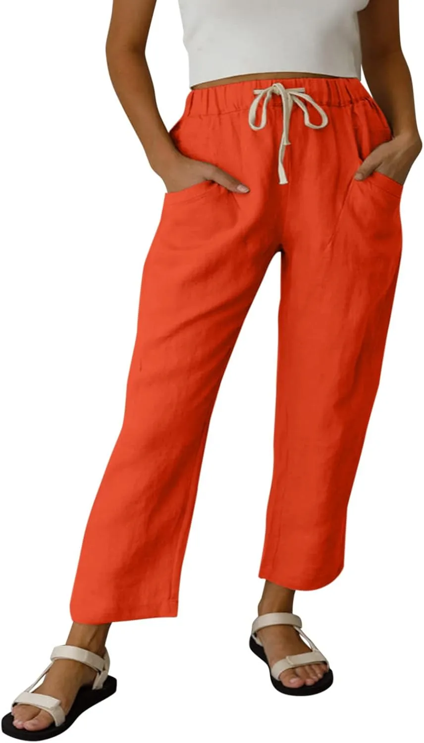 Womens Summer Linen Cropped Pants Elastic High Waisted Drawstring Casual Trousers Lightweight Wide Leg Straight-Leg Slacks