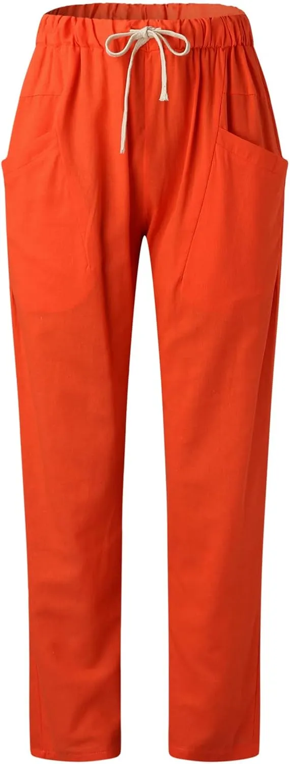 Womens Summer Linen Cropped Pants Elastic High Waisted Drawstring Casual Trousers Lightweight Wide Leg Straight-Leg Slacks