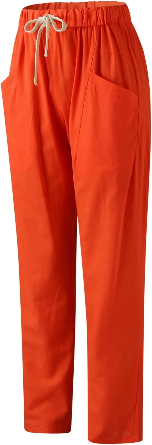 Womens Summer Linen Cropped Pants Elastic High Waisted Drawstring Casual Trousers Lightweight Wide Leg Straight-Leg Slacks