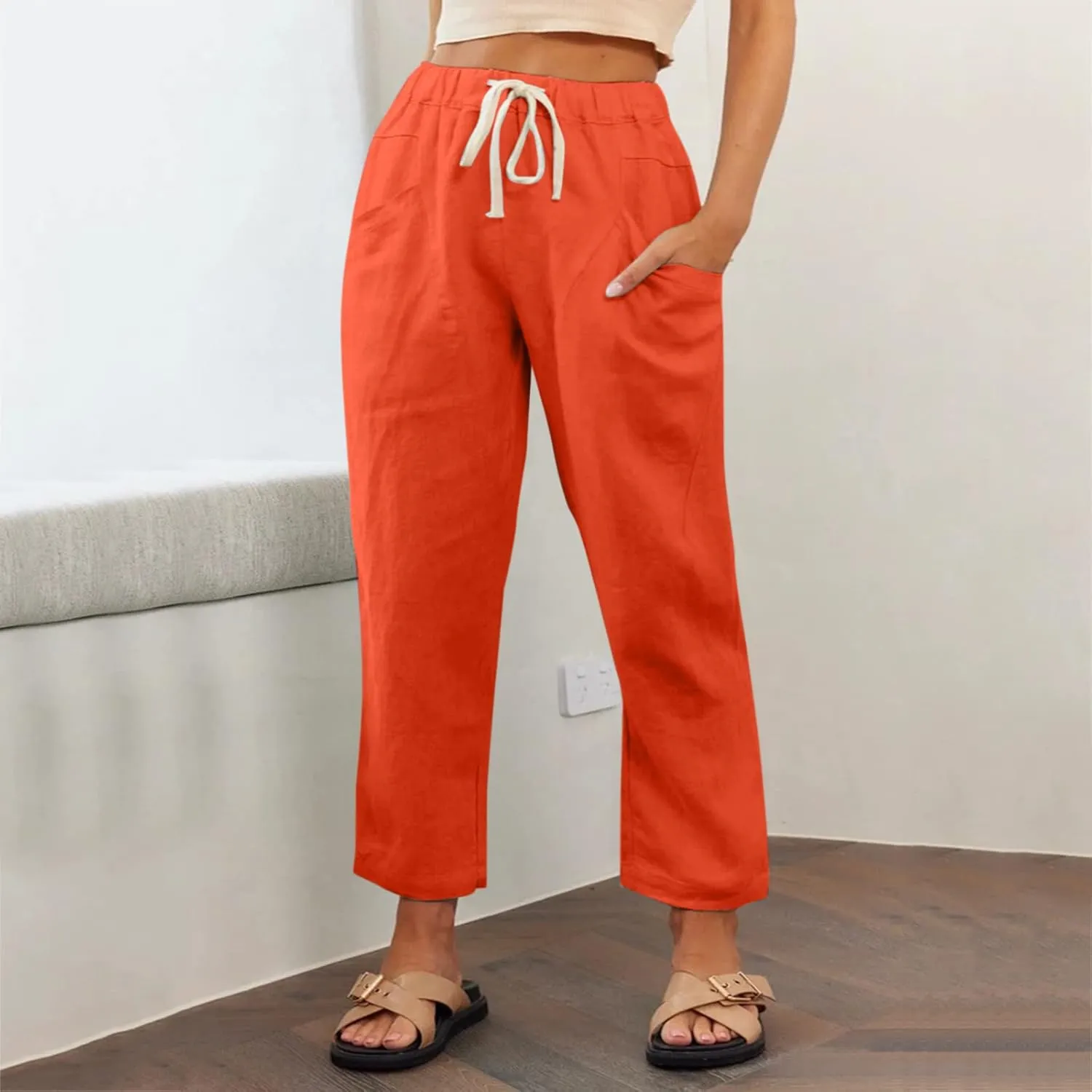 Womens Summer Linen Cropped Pants Elastic High Waisted Drawstring Casual Trousers Lightweight Wide Leg Straight-Leg Slacks