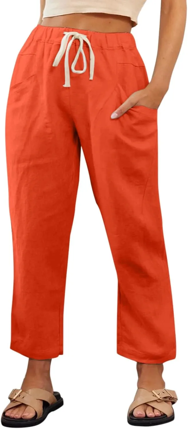 Womens Summer Linen Cropped Pants Elastic High Waisted Drawstring Casual Trousers Lightweight Wide Leg Straight-Leg Slacks