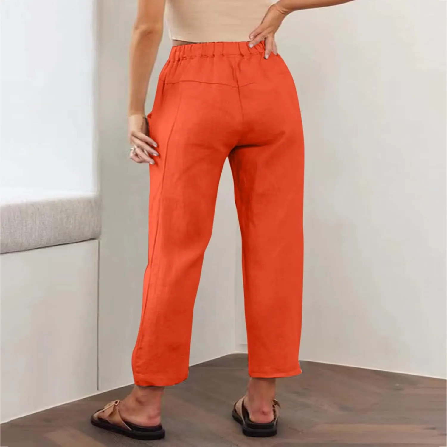 Womens Summer Linen Cropped Pants Elastic High Waisted Drawstring Casual Trousers Lightweight Wide Leg Straight-Leg Slacks