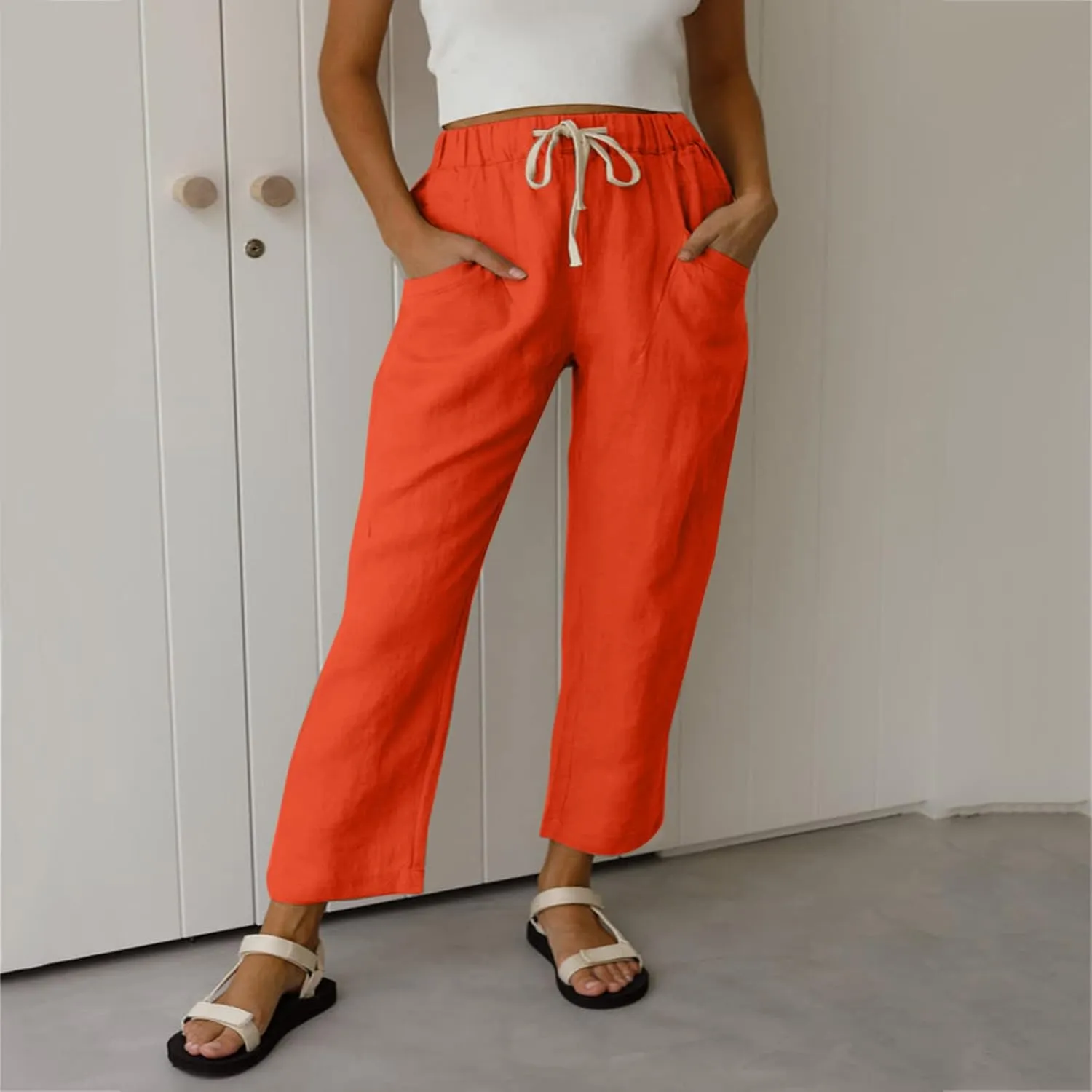 Womens Summer Linen Cropped Pants Elastic High Waisted Drawstring Casual Trousers Lightweight Wide Leg Straight-Leg Slacks