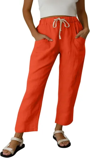 Womens Summer Linen Cropped Pants Elastic High Waisted Drawstring Casual Trousers Lightweight Wide Leg Straight-Leg Slacks