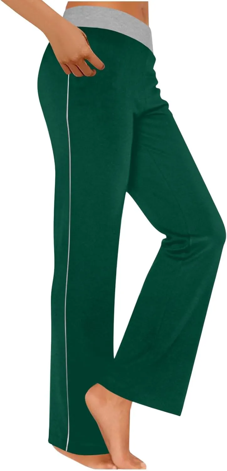 Womens Summer Sporting Pants Color Blocked Elastic Waisted Straight Leg Loose Breathable Lounge Trousers with Pockets