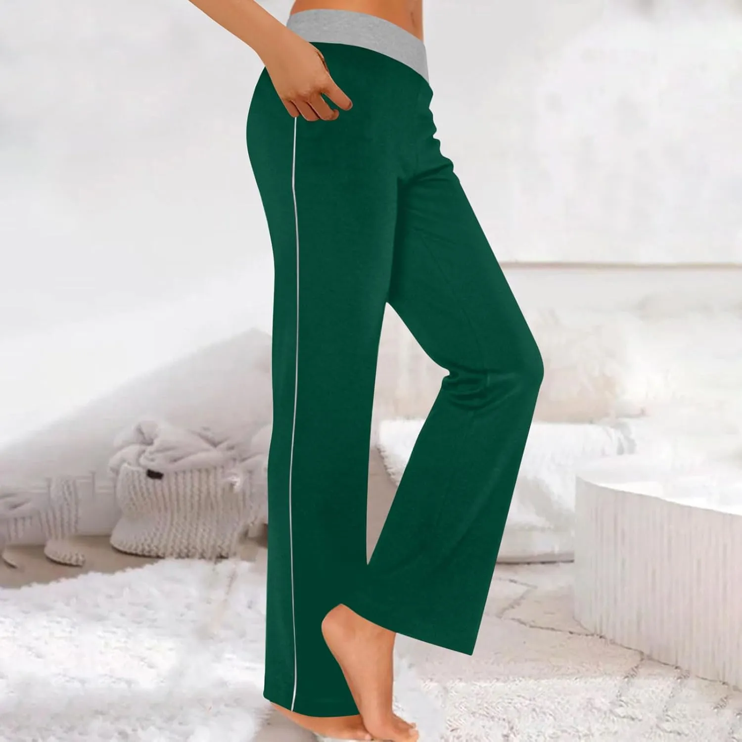 Womens Summer Sporting Pants Color Blocked Elastic Waisted Straight Leg Loose Breathable Lounge Trousers with Pockets
