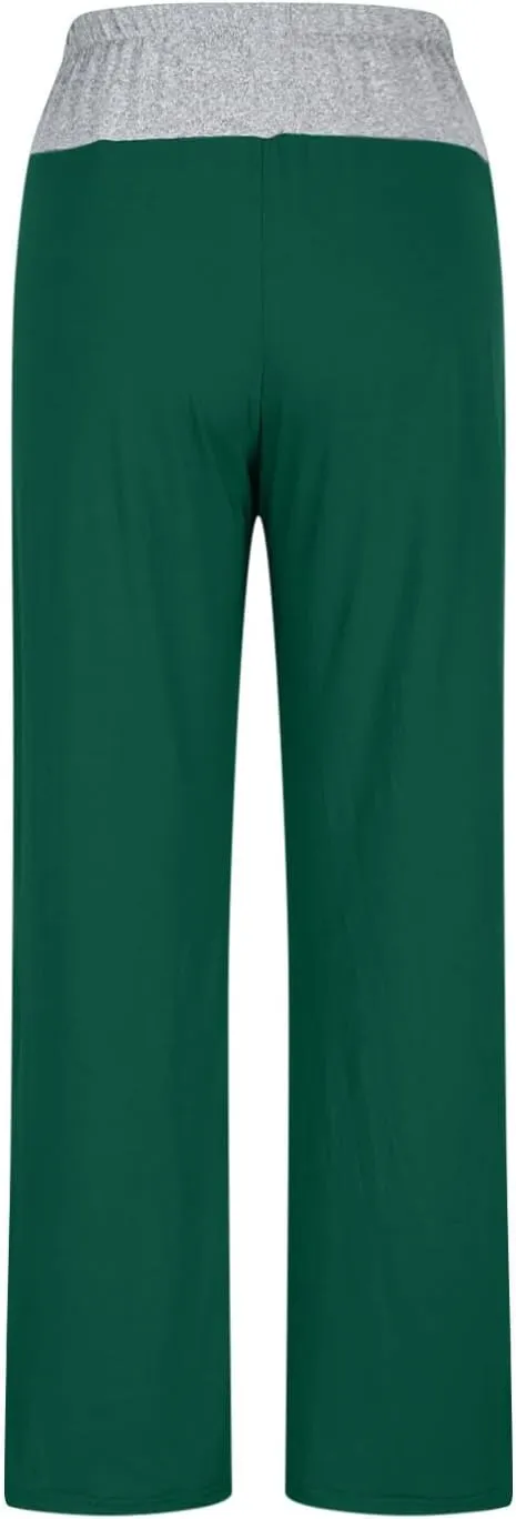 Womens Summer Sporting Pants Color Blocked Elastic Waisted Straight Leg Loose Breathable Lounge Trousers with Pockets
