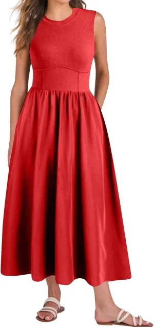 Women's Summer Sundress Pleated Dresses Tank Dress Sleeveless Fashion High Waisted Dresses Smocked Dress with Pockets