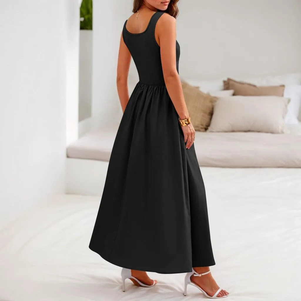 Womens Sundress Tank Top Summer Boho Dress Pleated Wrap Dress Plus Size Sleeveless Western Ruched Dresses with Pockets