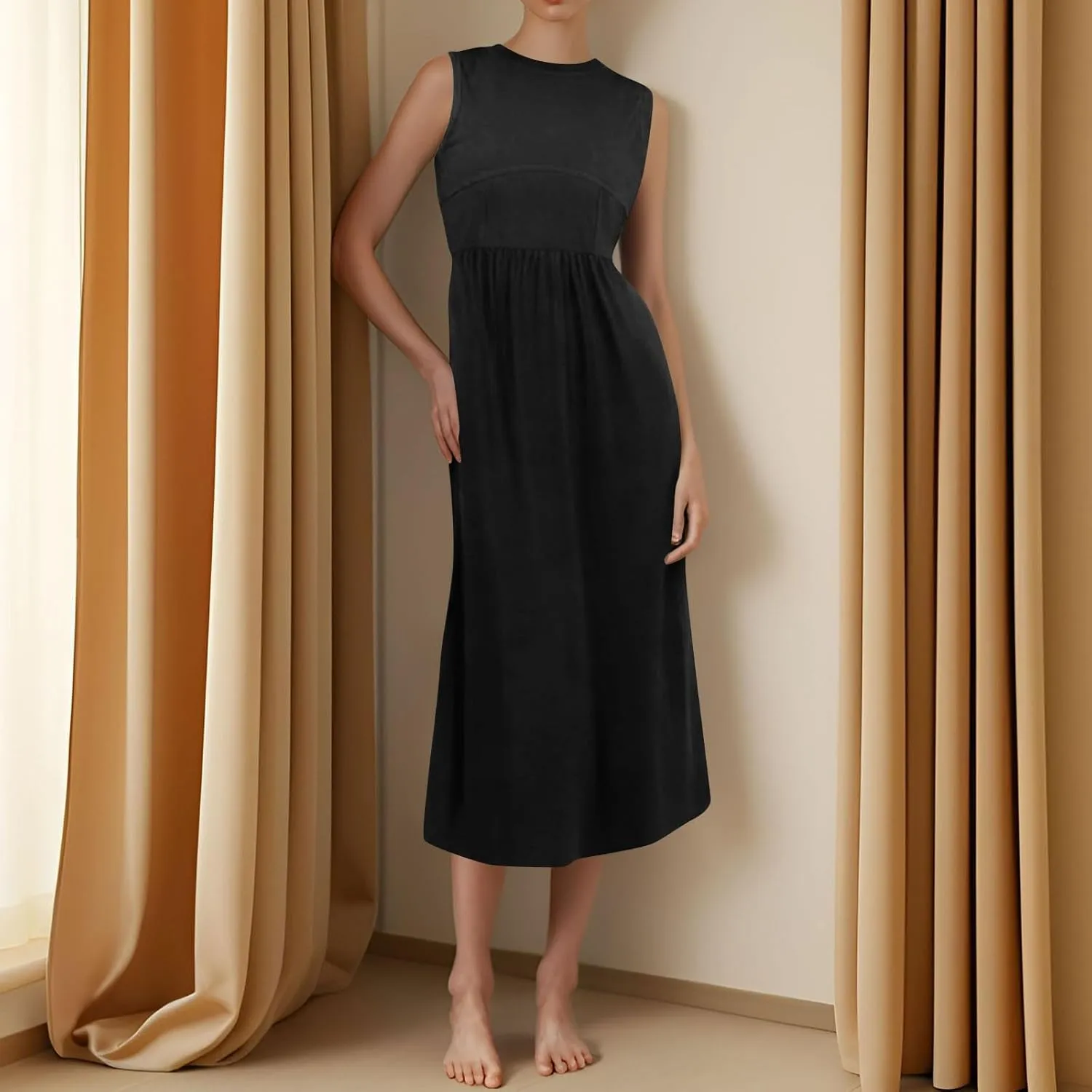 Womens Sundress Tank Top Summer Boho Dress Pleated Wrap Dress Plus Size Sleeveless Western Ruched Dresses with Pockets