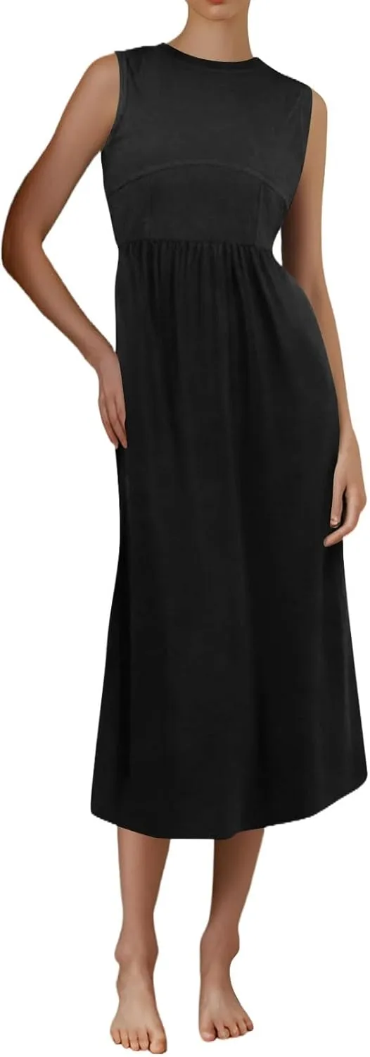 Womens Sundress Tank Top Summer Boho Dress Pleated Wrap Dress Plus Size Sleeveless Western Ruched Dresses with Pockets