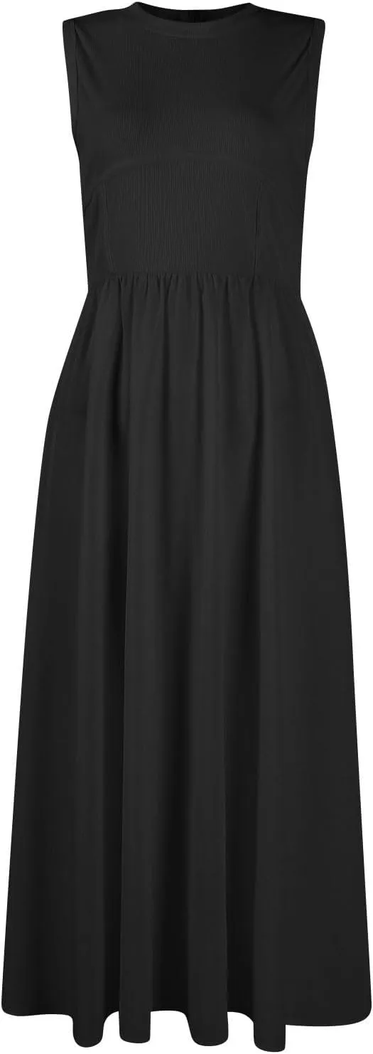 Womens Sundress Tank Top Summer Boho Dress Pleated Wrap Dress Plus Size Sleeveless Western Ruched Dresses with Pockets