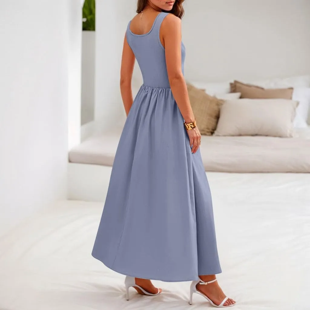 Womens Sundress Tank Top Summer Boho Dress Pleated Wrap Dress Plus Size Sleeveless Western Ruched Dresses with Pockets