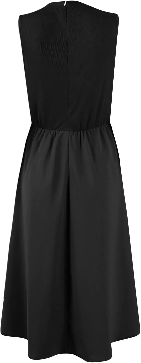 Womens Sundress Tank Top Summer Boho Dress Pleated Wrap Dress Plus Size Sleeveless Western Ruched Dresses with Pockets