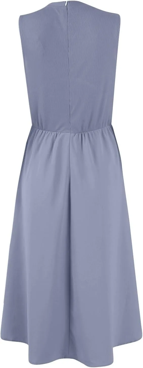 Womens Sundress Tank Top Summer Boho Dress Pleated Wrap Dress Plus Size Sleeveless Western Ruched Dresses with Pockets