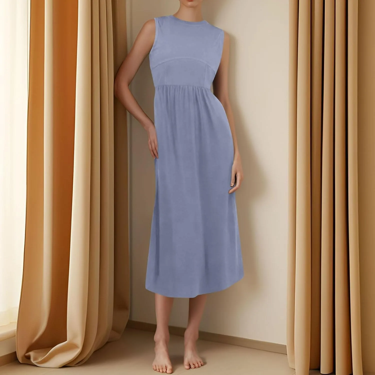 Womens Sundress Tank Top Summer Boho Dress Pleated Wrap Dress Plus Size Sleeveless Western Ruched Dresses with Pockets