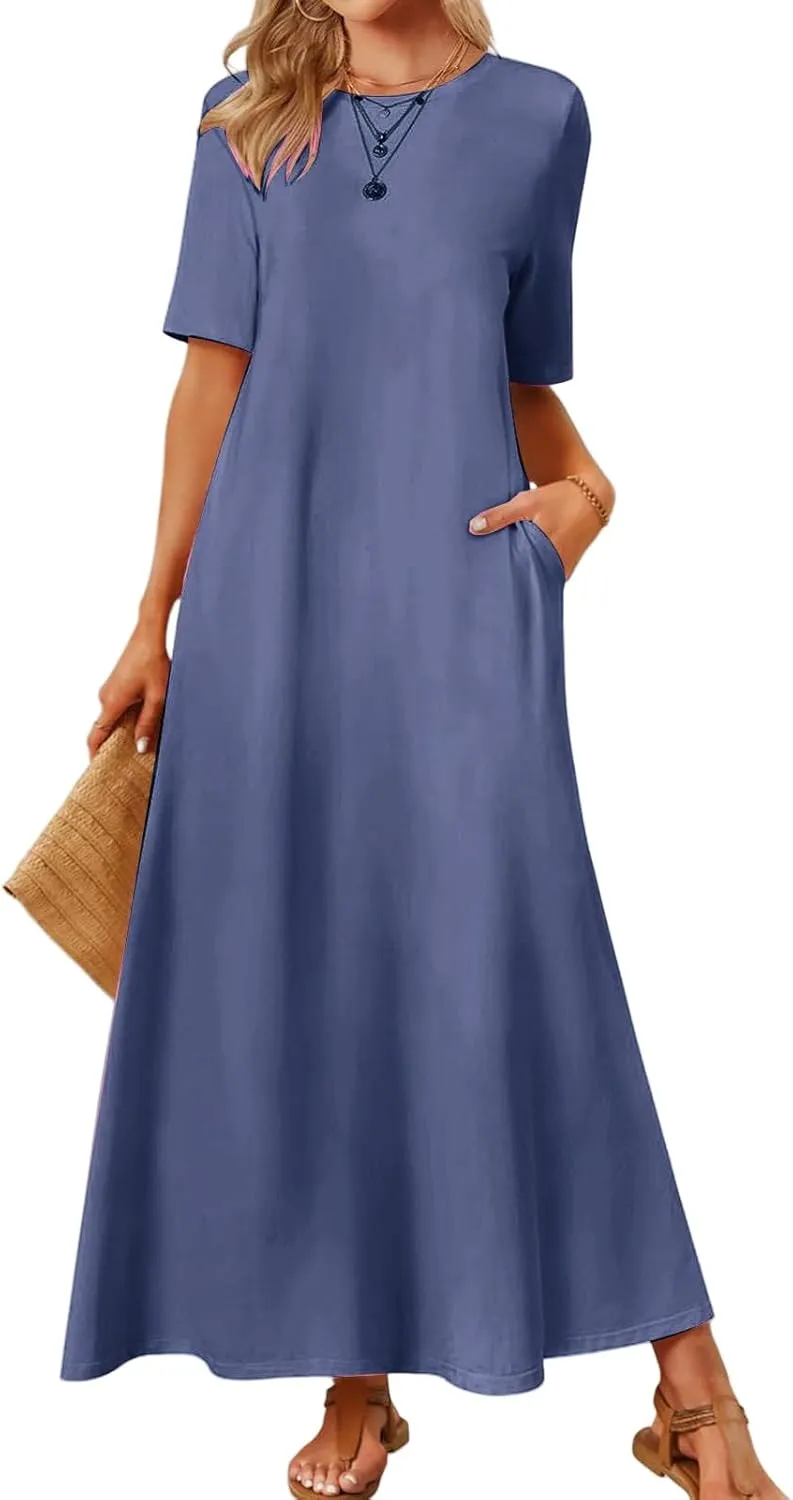 Women's T Shirt Dress Summer Casual Maxi Dress Long T Shirt Dresses Elegant Short Sleeve Round Neck Dresses with Pocket
