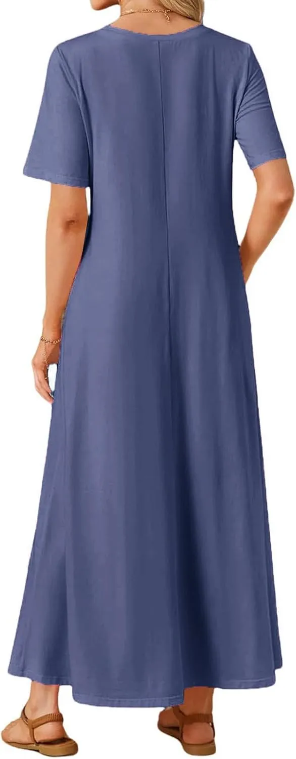 Women's T Shirt Dress Summer Casual Maxi Dress Long T Shirt Dresses Elegant Short Sleeve Round Neck Dresses with Pocket