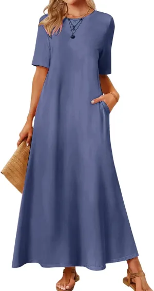 Women's T Shirt Dress Summer Casual Maxi Dress Long T Shirt Dresses Elegant Short Sleeve Round Neck Dresses with Pocket