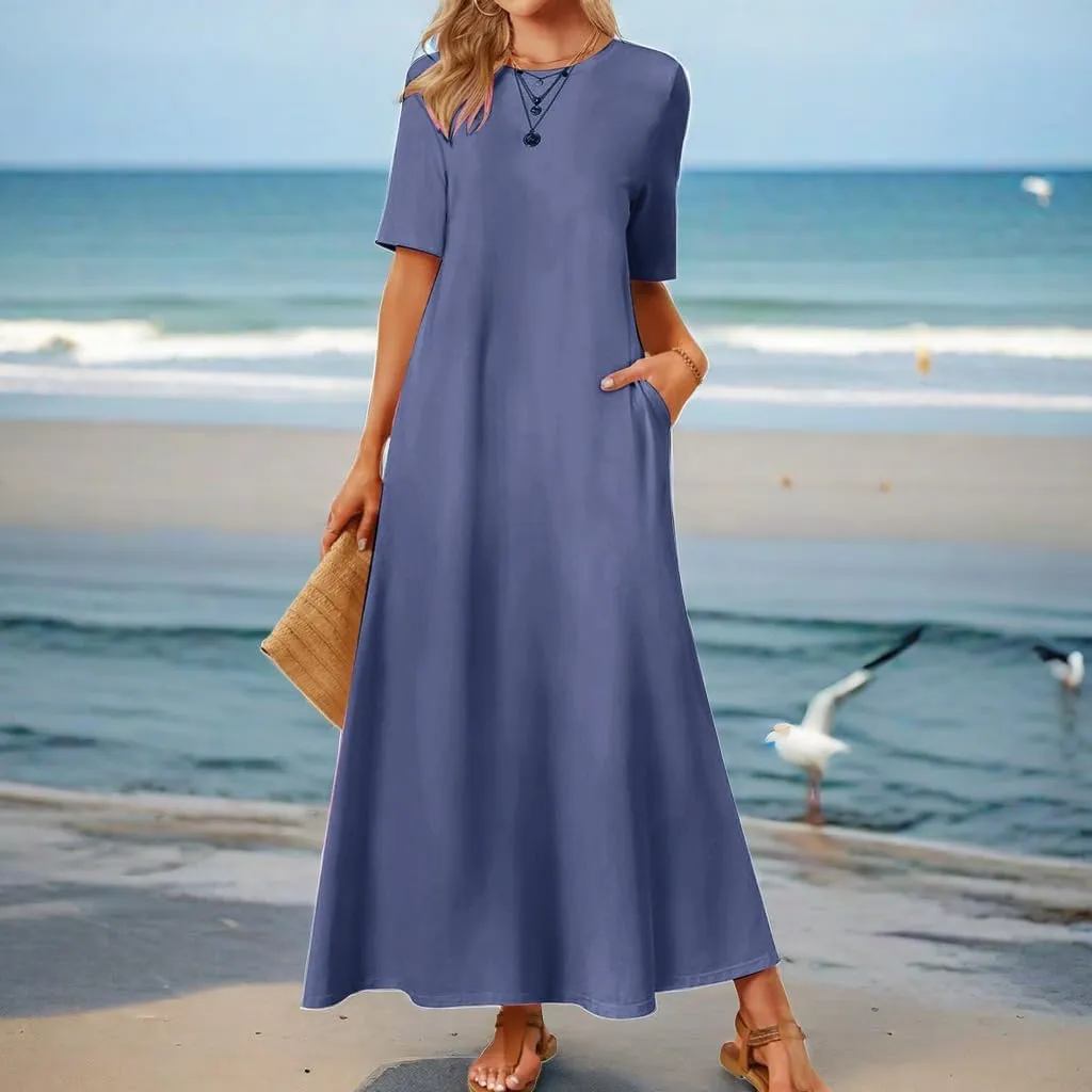Women's T Shirt Dress Summer Casual Maxi Dress Long T Shirt Dresses Elegant Short Sleeve Round Neck Dresses with Pocket