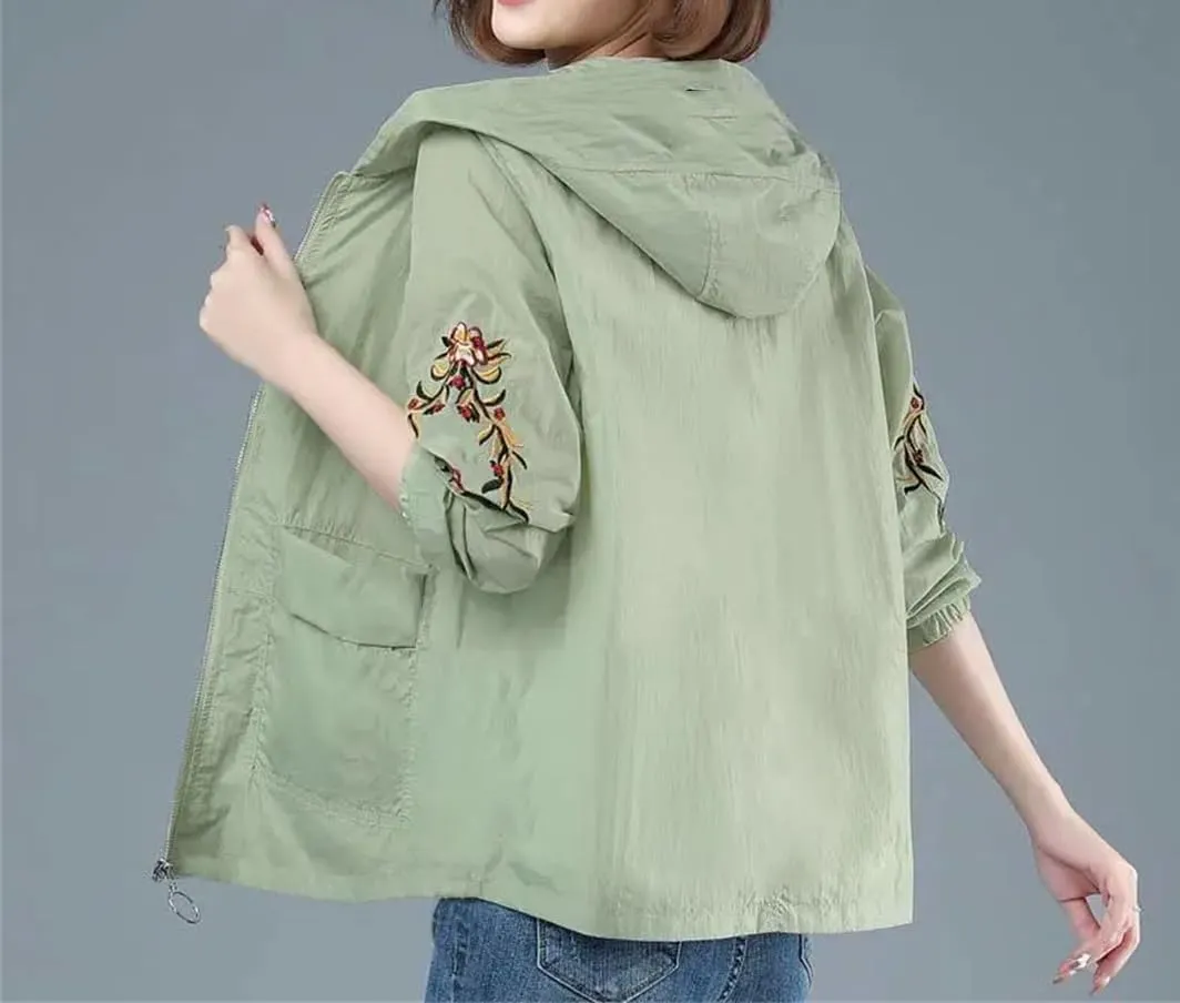 Women's Thin Hooded Jacket Breathable Printed Embroidered Casual Loose Trench Coat