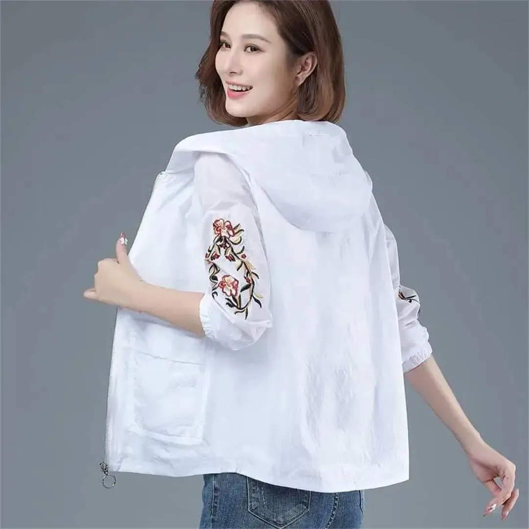 Women's Thin Hooded Jacket Breathable Printed Embroidered Casual Loose Trench Coat