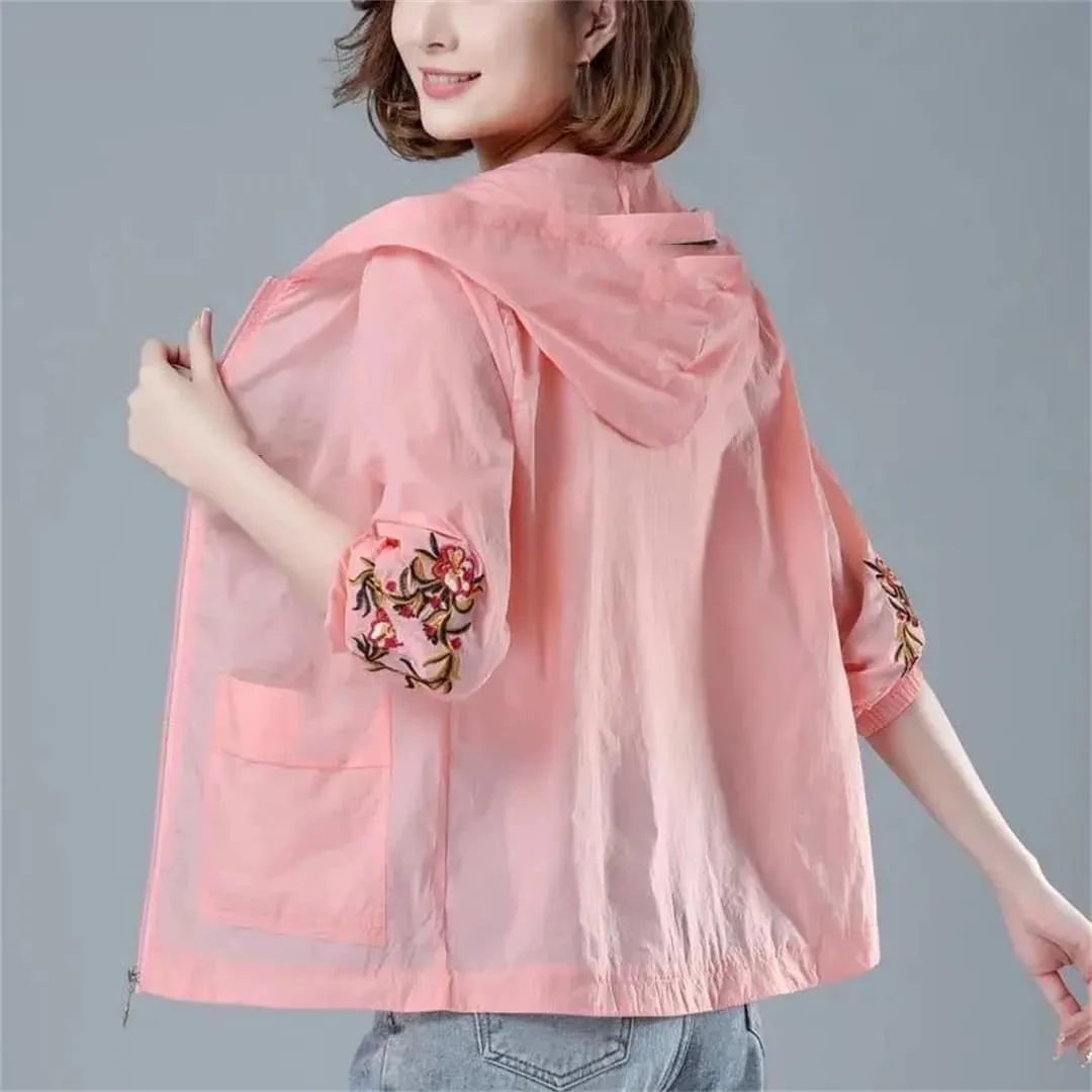 Women's Thin Hooded Jacket Breathable Printed Embroidered Casual Loose Trench Coat
