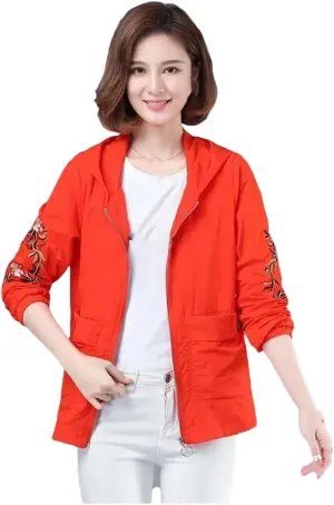 Women's Thin Hooded Jacket Breathable Printed Embroidered Casual Loose Trench Coat