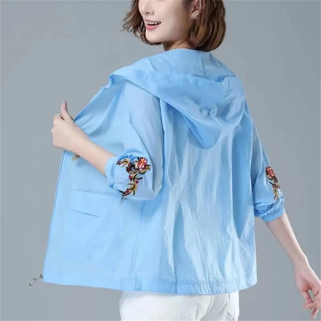 Women's Thin Hooded Jacket Breathable Printed Embroidered Casual Loose Trench Coat