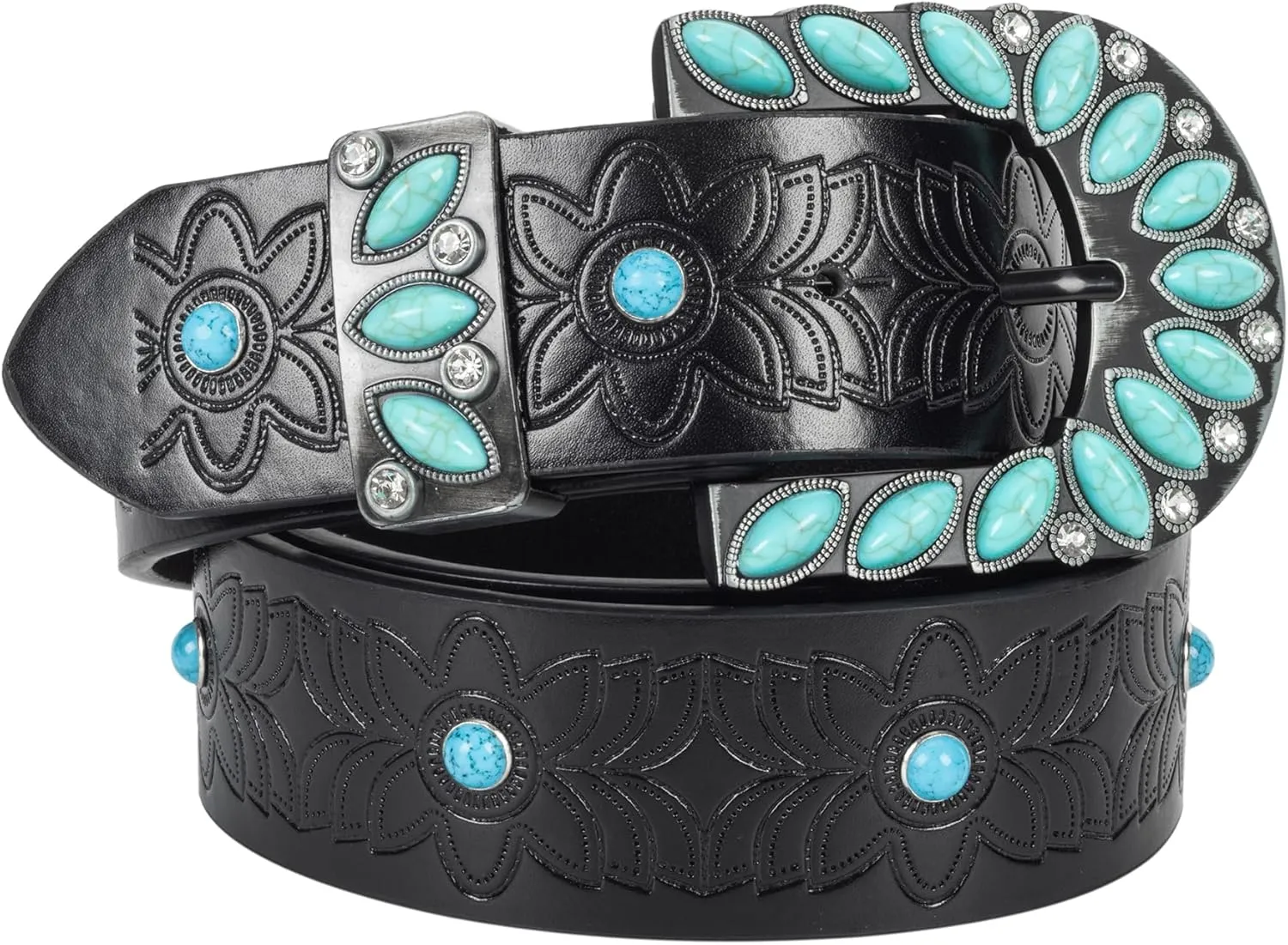 Women's Western-Turquoise-Cowboy-Belt - Vintage-Embossed-Cowgirl-Waist-Belt with Turquoise-Buckle for 28-38''waist