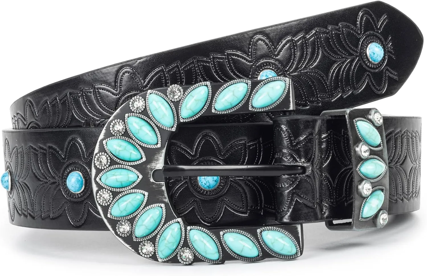 Women's Western-Turquoise-Cowboy-Belt - Vintage-Embossed-Cowgirl-Waist-Belt with Turquoise-Buckle for 28-38''waist