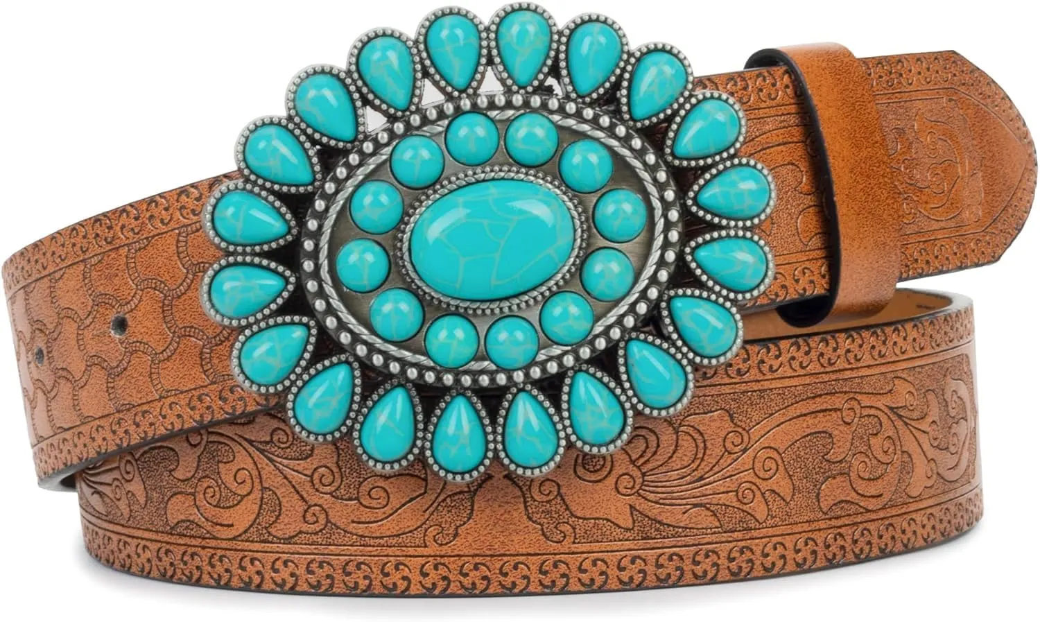Women's Western-Turquoise-Cowboy-Belt - Vintage-Embossed-Cowgirl-Waist-Belt with Turquoise-Buckle for 28-38''waist