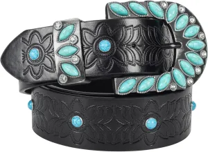 Women's Western-Turquoise-Cowboy-Belt - Vintage-Embossed-Cowgirl-Waist-Belt with Turquoise-Buckle for 28-38''waist