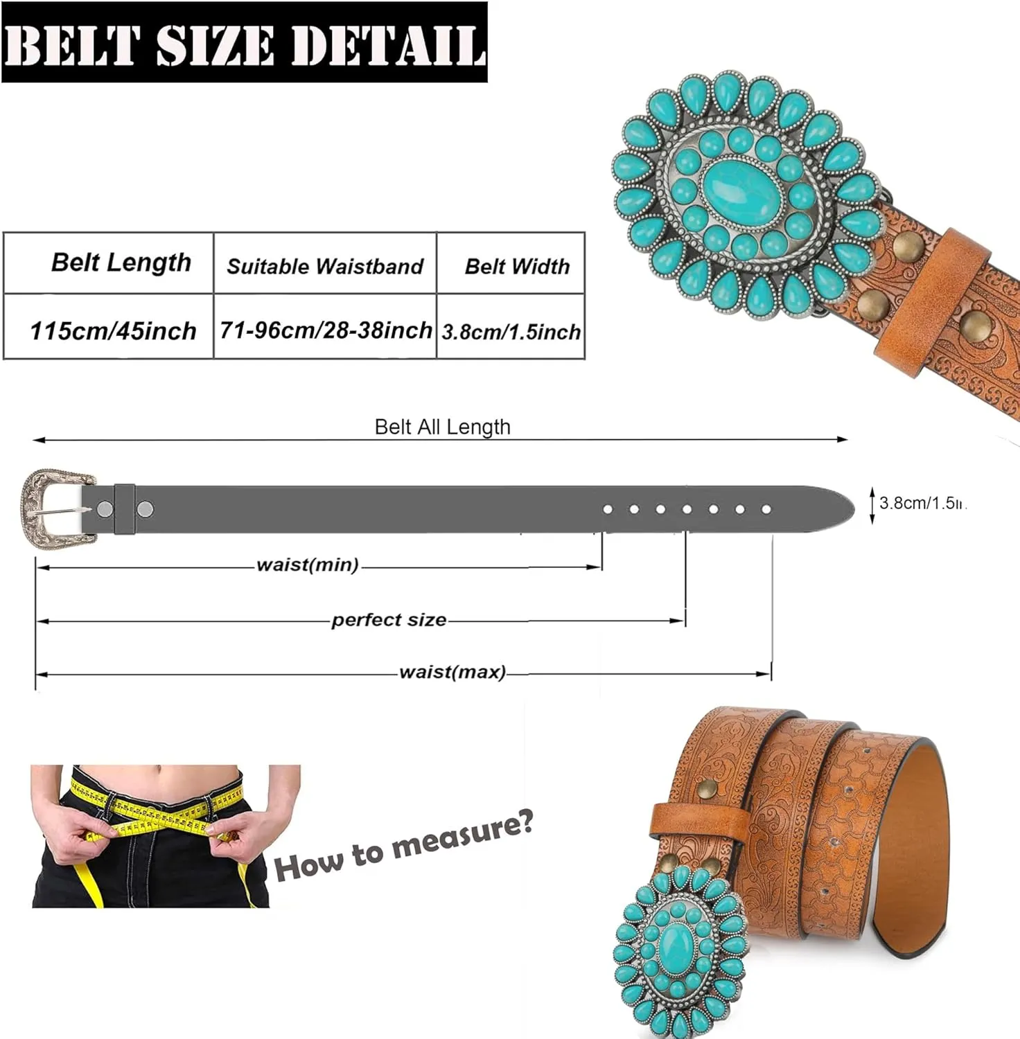 Women's Western-Turquoise-Cowboy-Belt - Vintage-Embossed-Cowgirl-Waist-Belt with Turquoise-Buckle for 28-38''waist