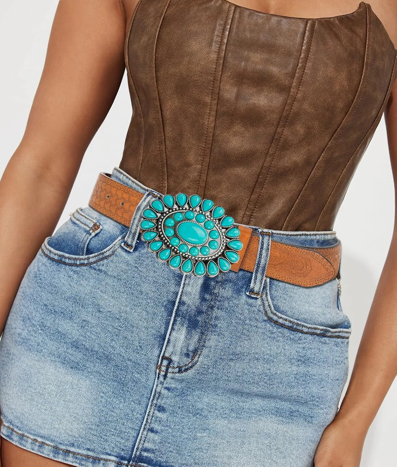 Women's Western-Turquoise-Cowboy-Belt - Vintage-Embossed-Cowgirl-Waist-Belt with Turquoise-Buckle for 28-38''waist