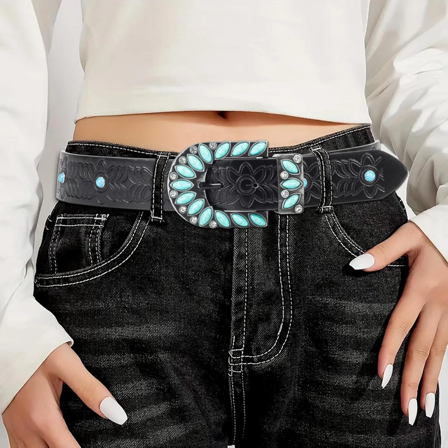 Women's Western-Turquoise-Cowboy-Belt - Vintage-Embossed-Cowgirl-Waist-Belt with Turquoise-Buckle for 28-38''waist