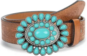 Women's Western-Turquoise-Cowboy-Belt - Vintage-Embossed-Cowgirl-Waist-Belt with Turquoise-Buckle for 28-38''waist