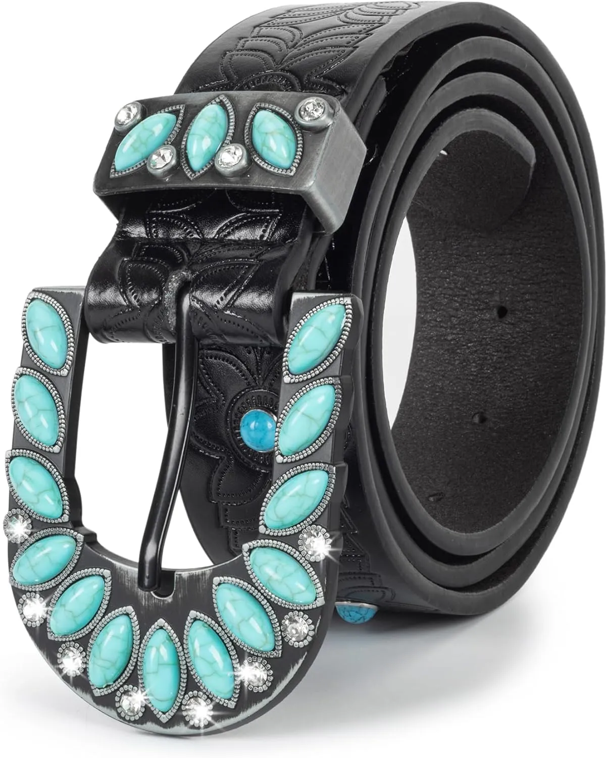 Women's Western-Turquoise-Cowboy-Belt - Vintage-Embossed-Cowgirl-Waist-Belt with Turquoise-Buckle for 28-38''waist