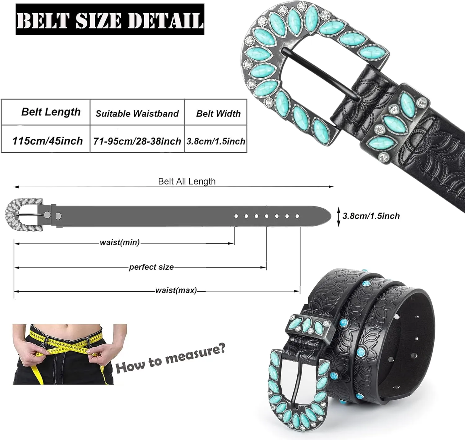 Women's Western-Turquoise-Cowboy-Belt - Vintage-Embossed-Cowgirl-Waist-Belt with Turquoise-Buckle for 28-38''waist