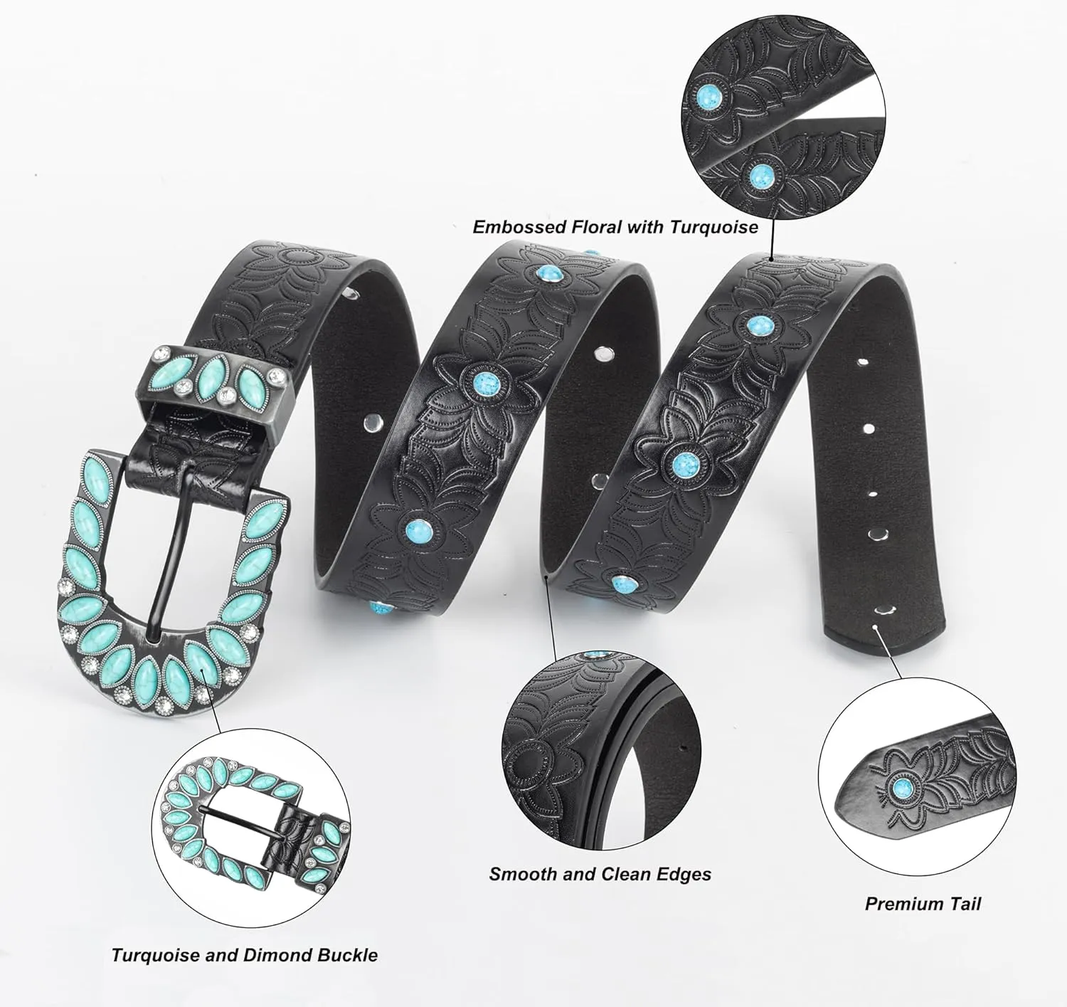 Women's Western-Turquoise-Cowboy-Belt - Vintage-Embossed-Cowgirl-Waist-Belt with Turquoise-Buckle for 28-38''waist