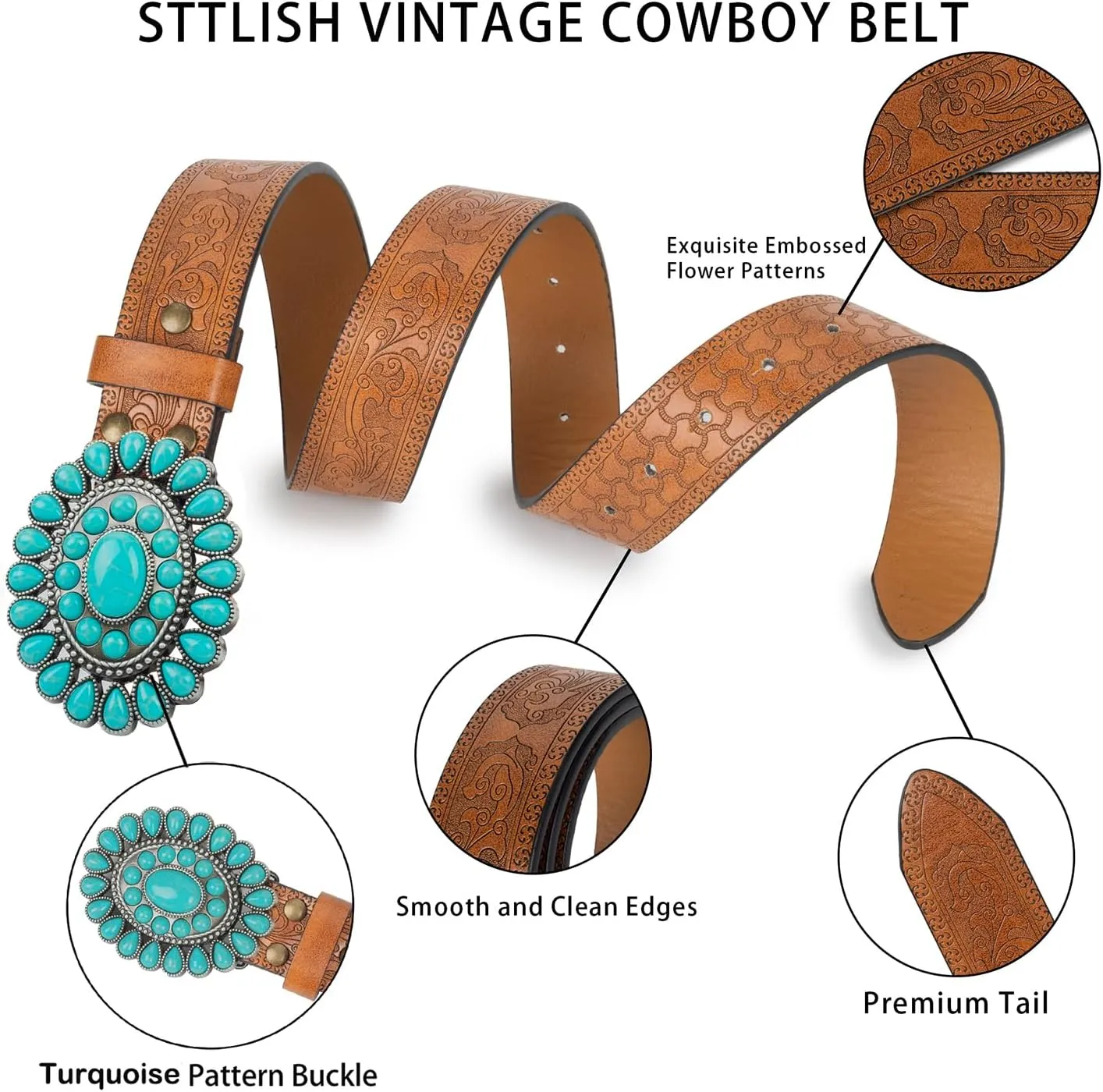 Women's Western-Turquoise-Cowboy-Belt - Vintage-Embossed-Cowgirl-Waist-Belt with Turquoise-Buckle for 28-38''waist