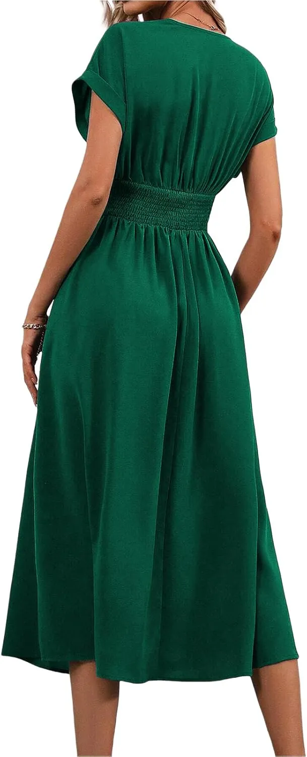 Womne's Dresses A Line Cap Sleeve V Neck High Waist Ruffle Maxi Dress Elegant Flowy Swing Dress Summer Sundress 2025