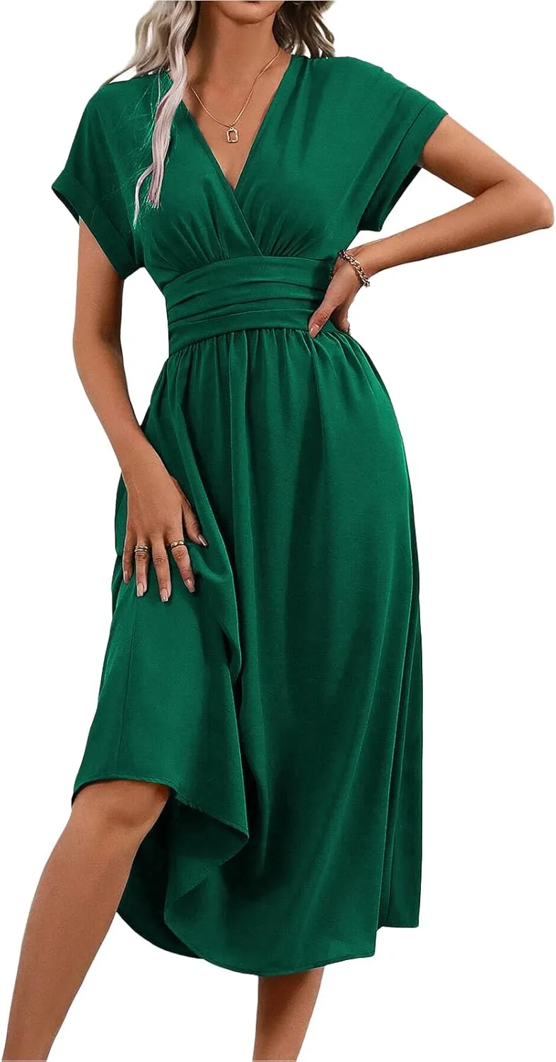 Womne's Dresses A Line Cap Sleeve V Neck High Waist Ruffle Maxi Dress Elegant Flowy Swing Dress Summer Sundress 2025