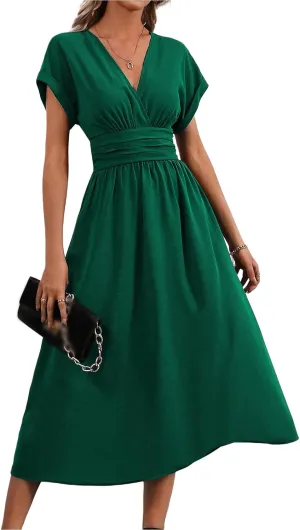 Womne's Dresses A Line Cap Sleeve V Neck High Waist Ruffle Maxi Dress Elegant Flowy Swing Dress Summer Sundress 2025