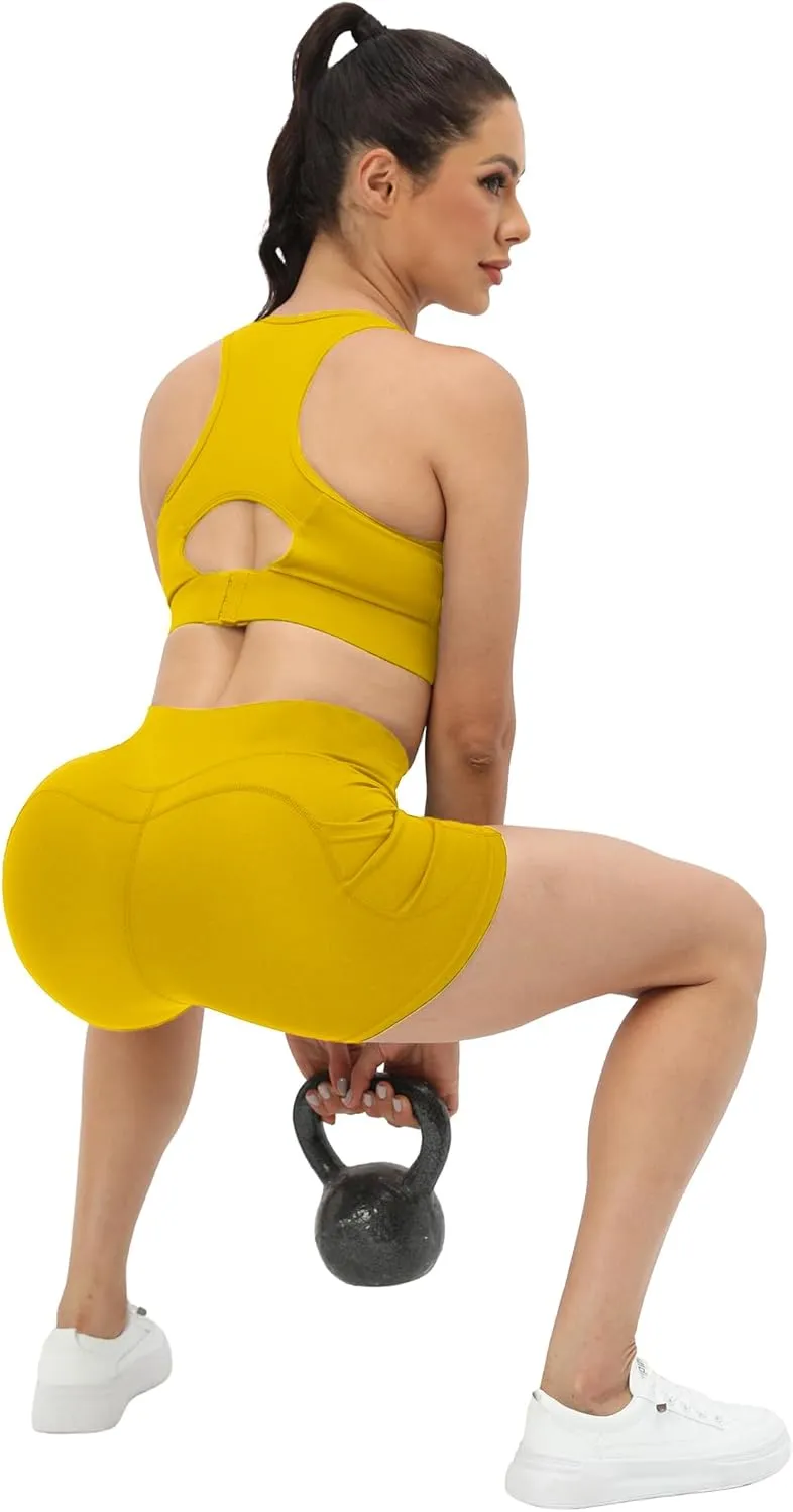Workout Yoga Biker Shorts for Women with Pockets,Soft High Waisted Tummy Control Running Gym Shorts