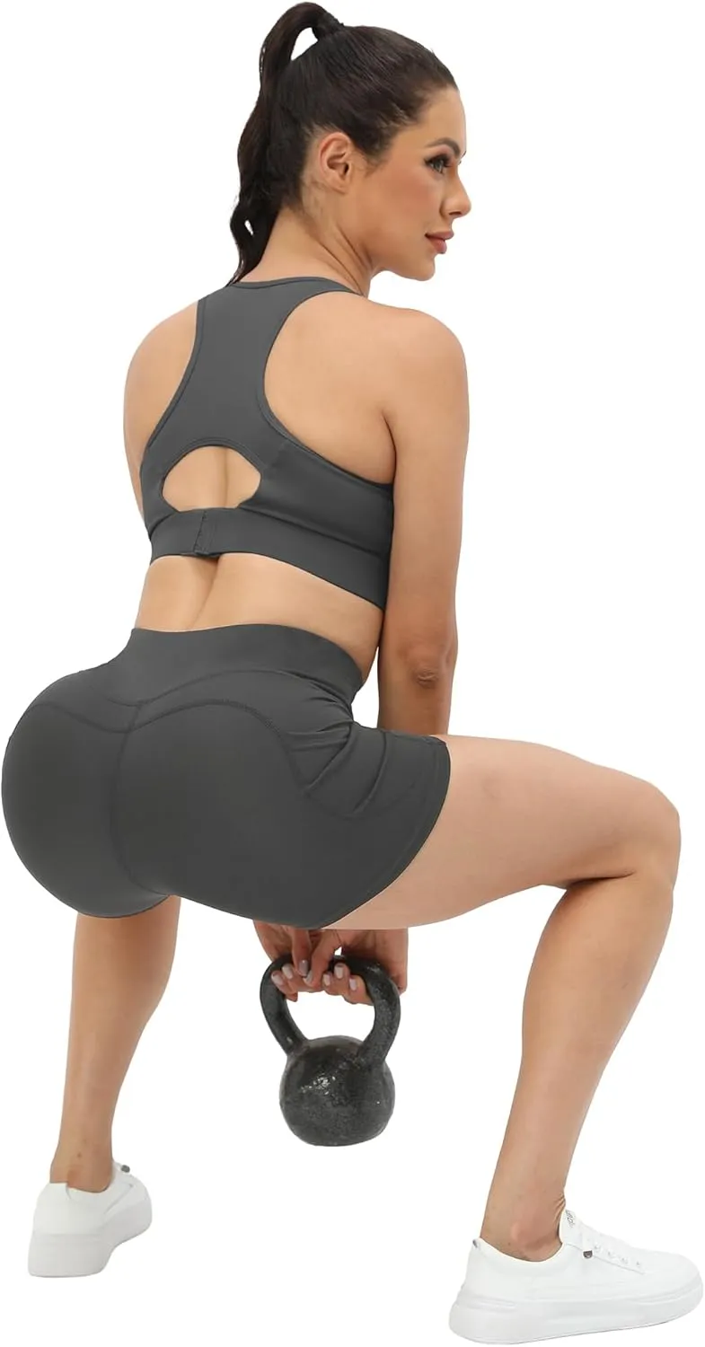 Workout Yoga Biker Shorts for Women with Pockets,Soft High Waisted Tummy Control Running Gym Shorts