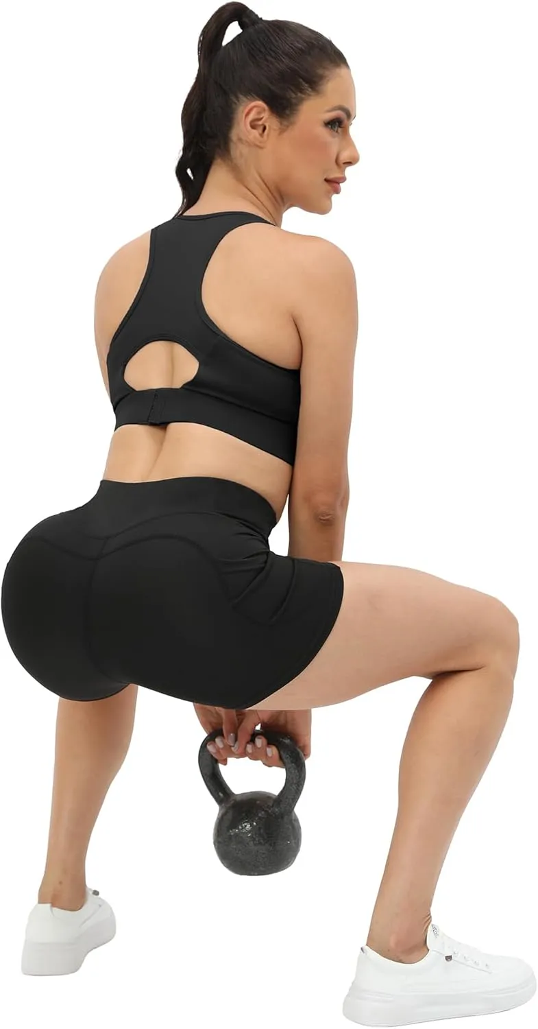 Workout Yoga Biker Shorts for Women with Pockets,Soft High Waisted Tummy Control Running Gym Shorts