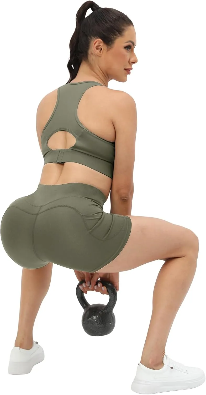 Workout Yoga Biker Shorts for Women with Pockets,Soft High Waisted Tummy Control Running Gym Shorts