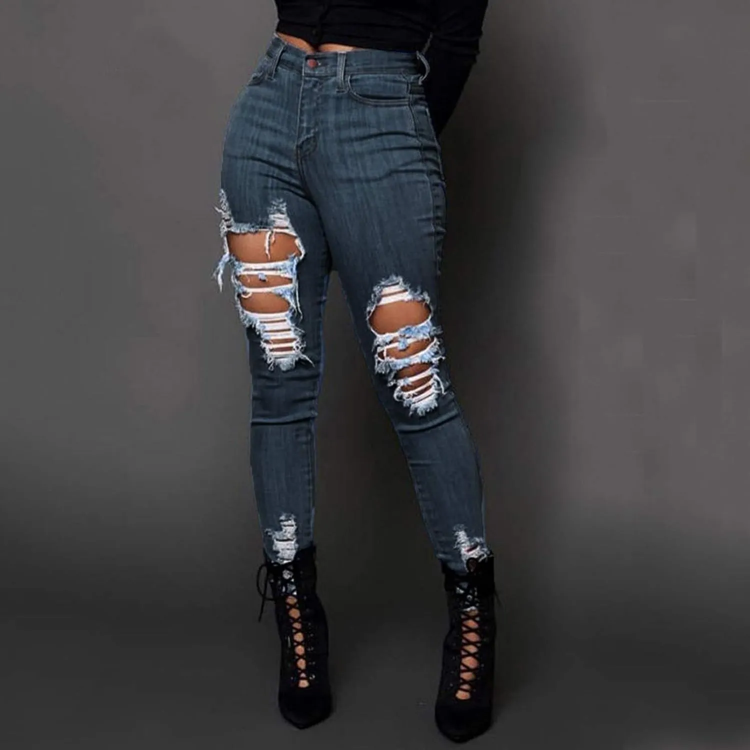 WUAI Women's Ripped Boyfriend Jeans Hight Waisted Stretch Distressed Skinny Jeans Jeggings Destroyed Denim Pencil Pants