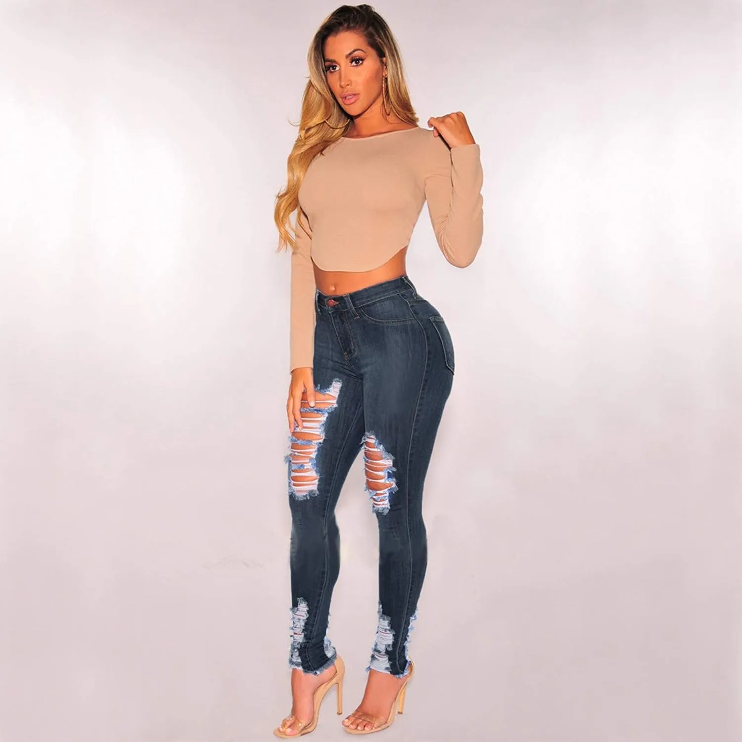 WUAI Women's Ripped Boyfriend Jeans Hight Waisted Stretch Distressed Skinny Jeans Jeggings Destroyed Denim Pencil Pants